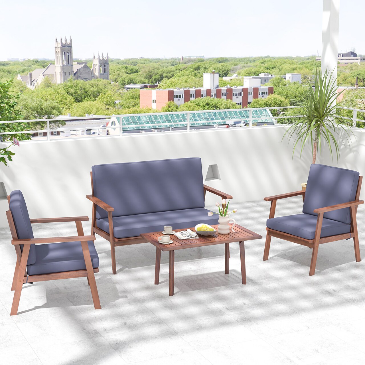 4 Piece Outdoor Acacia Wood Conversation Set With Soft Seat And Back Cushions